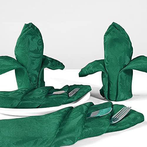 Trimming Shop Kitchen Dining Table Napkins, 10 Pack (20" x 20"), 100% Polyester Dinner Cloth Napkins, Damask Scrolled Leaves Pattern Green Table Napkins for Home, Hotel, Wedding, Birthday Party