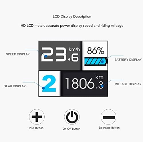 Diagram showing the LCD display with labels for speed, battery, gear, mileage, and buttons: Plus, On Off, Decrease