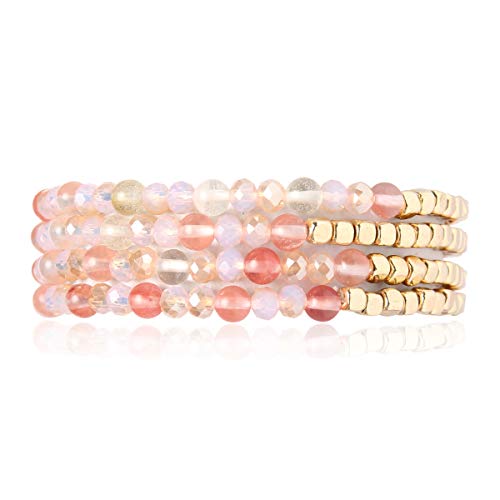 Delicate Boho Beaded Multi Layer Versatile Statement Bracelets - Stackable Stretch Strand Cuff Bangles Sparkly Crystal, Natural Stone, Tassel Charm (Delicate Natural Stone & Gold Mix - Pink) #TOP24