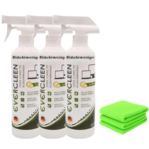 Evercleen 9-teiliges Reinigungsset – 3X500ml Bildschirmreinigungsspray + 3X Mikrofasertuch | Für Smartphone, Laptop, Tablet, TV, Monitor, LCD, LED, OLED, TFT, Uhren +3XBrillentuch