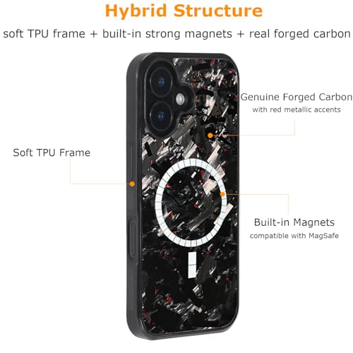 molzar Grip Series for iPhone 16 Case with Real Forged Carbon Fiber, Grippy Edges Design, Built-in Magnets, Compatible with MagSafe Chargers and Accessories, Glossy Black/Red by molzar - Used condition - Image 2