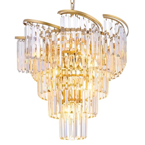 TOCHIC Gold Chandelier 5 Tier Modern Crystal Chandeliers 8 Light, Farmhouse Luxury High Ceiling Light Fixture for Dining Living Room, Bedroom, Bathroom, Kitchen Island, Entryway, 21.6" W by TOCHIC - Used condition - US$176.07