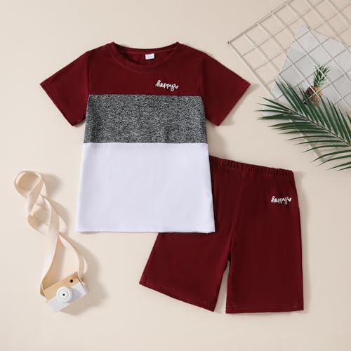 Image of Yoxindax Toddler Kid Boy Clothes Colorblock Letter Graphic Tee Shorts 2PC Summer Outfit Set