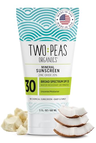 Two Peas Organics Mineral Sunscreen SPF 30 Lotion, Non-Nano Zinc, Reef Safe, Baby & Family Sensitive Skin, Water-Resistant 80 Min, Unscented, Organic & Cruelty Free, 3 oz Single pack