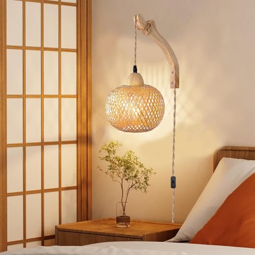 Luz de pared con enchufe interruptor E27 aplique de madera vintage rustico para salón 7