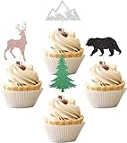 24 PCS Woodland Creatures Theme Cupcake Toppers Tree Mountain Deer Bear Cupcake Picks Safari Jungle Animals Theme Baby Shower Birthday Party Cake Decorations Supplies