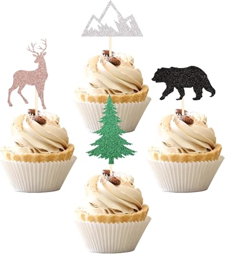 24 PCS Woodland Creatures Theme Cupcake Toppers Tree Mountain Deer Bear Cupcake Picks Safari Jungle Animals Theme Baby Shower Birthday Party Cake Decorations Supplies