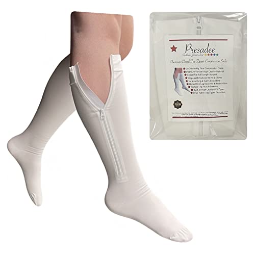 Image of Presadee Premium 20-30 mmHg Firm Compression Leg Calf YKK Zipper White Socks (Closed Toe, 3)