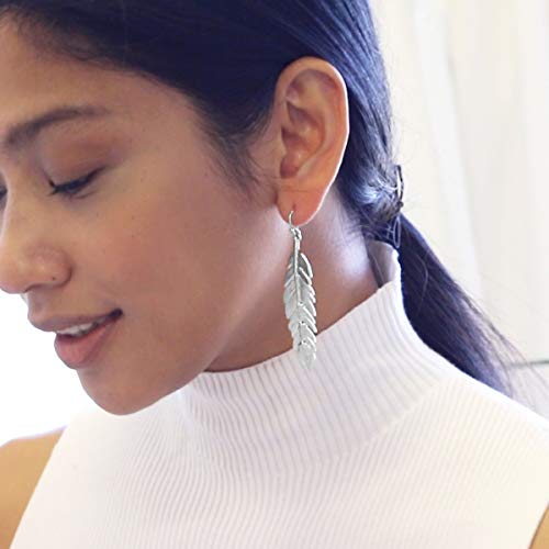 Humble Chic Floating Feathers Dangle Earrings - Long Hanging Metal Link Leaf Drops, Feather - Silver #TOP6