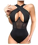 Sexyshine Women's Halter Criss Cross Sleeveless Bodysuit Sheer Mesh Corset Bustier Sexy Cut Out Leotard Jumpsuit(24215BL,S)