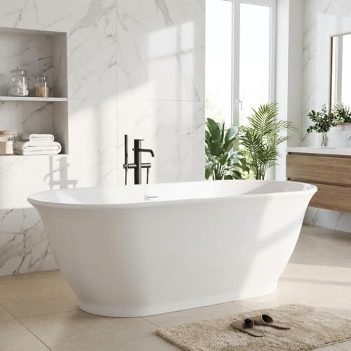 GarveeTech 67 Inch Freestanding Bathtub, Luxury Oval-Shaped Acrylic Soaking Tub, Modern Stand Alone Bathtub with Chrome Drain, Chrome Overflow and Drainage Pipe, White