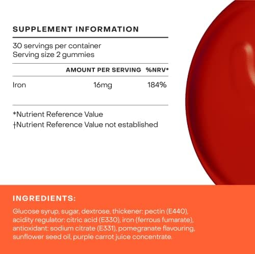 Iron Gummies | High Strength (16mg) Iron Supplements for Women and Men | Reduces Tiredness and Boosts Energy Levels | 60 Pomegranate Flavoured Gummies | x1 Month Supply