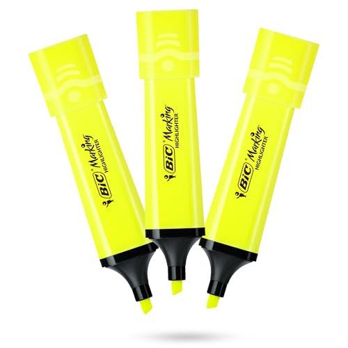 BIC Marking Highlighter Flat Highlighter Marker Pack of 3 Plastic Highlighter Pen with Fluorescent Neon Yellow Ink Highlighter Pens for Smooth Notes Precise Highlights Ideal for School and Office