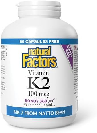 Natural Factors Vitamin K2 100 mcg, VALUE SIZE, 360 Vegetarian Capsules, MK-7 from Natto Bean, Helps Support Bones, Vegan, Non-GMO, Proudly Canadian