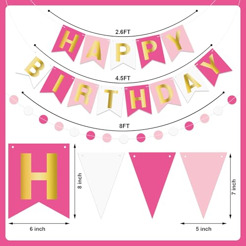 Image of Pink Happy Birthday Banner Pre-strung Happy Birthday Bunting Banner with Golden Letters Rose Pennant Flags Sparkle Birthdays Decor Pink Themed Party Supplies for Women Girls Kids Adults