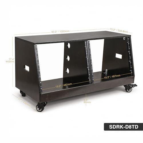 Image of Sound Town DIY 2 x 8U Slanted Double-Bay Studio Rack with Casters for Home Studio and Recording Room, Baltic Birch Plywood, Black Espresso (SDRK-D8TD)