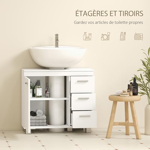 Meuble sous lavabo blanc 3 tiroirs découpe U, HOMCOM