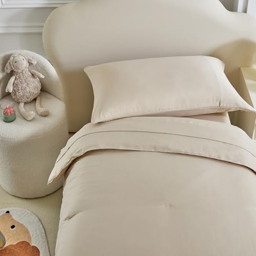 Image of Kids Comforter Sheet Set - Soft and Breathable Bed Set Includes Quilted Comforter, Fitted Sheet, Flat Top Sheet, Pillowcase and Toddler Pillowcase for Toddler - 5 Pieces Toddler Bedding Set Beige