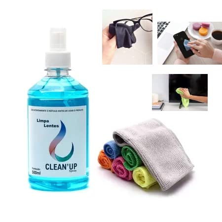 1 Limpa Lentes 500ml + 3 Flanelas Microfibra Ideal na limpeza de óculos, TV, Celulares e telas