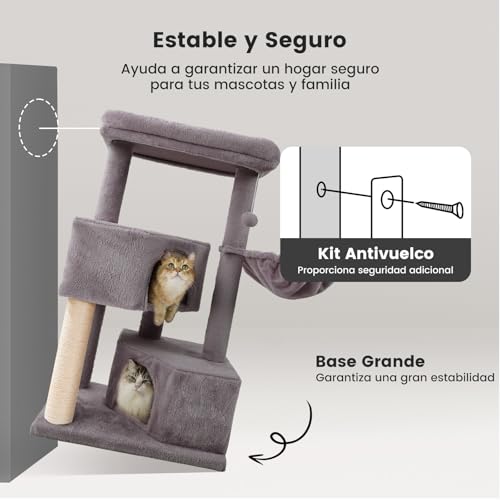 Gardner Pet Rascador para Gatos de 105 cm con Poste de Sisal, Árbol para Gatos Ultra-Estable de 4 Niveles con Diseño Anti-Oscilante, Posaderos Superiores Lavables, Castillo para Gato, Gris - imagen 6