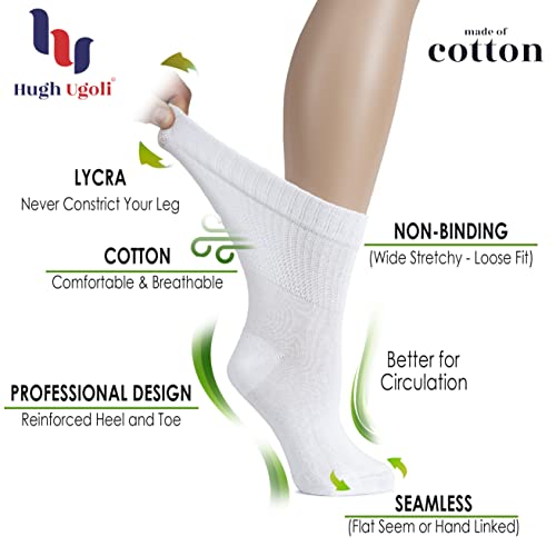 Hugh Ugoli Women's Cotton Diabetic Crew Socks, Wide, Thin, Loose Fit And Stretchy, Seamless Toe & Non-Binding Top, 4 Pairs, White/Lightbeige, Shoe Size: 9-12 #TOP1