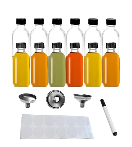 Smiths Mason Jars Set of 12 Mini Glass 2oz/60ml Bottles with Pouring Funnel | Clear Dispensing Boston Round Sample Bottles | No Leak For Essential Oils, Ginger Shots, Whiskey & Wedding Décor