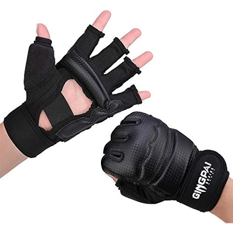 GINGPAI Taekwondo Karate Gloves for Sparring Martial Arts, Half Finger Training Gloves for Men Women Kid (S-Black) Cover
