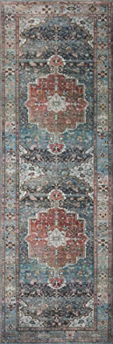 Loloi Margot Collection MAT-05 Ocean/Brick 2'-6" x 9'-6" Runner Rug, No-Shed Easy Clean Large Patterned Area Rug for Living Room, Bedroom, Dining Area
