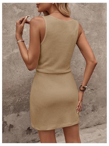 Image of RoseSeek Women's Waffle Knit Belted Tank A Line High Waisted Dresses Square Neck Sleeveless Summer Short Dress