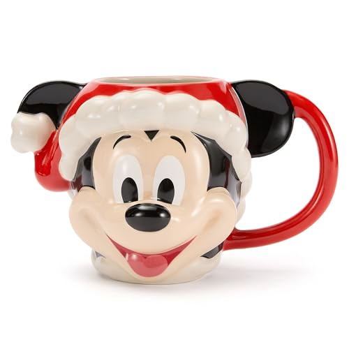 Disney Store, Papá Noel Mickey Mouse, taza de cerámica, 473 ml, diseño navideño, taza navideña para café y chocolate caliente
