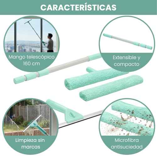 Miniatura 3 de Edihome, Limpia Cristales Telescópico Extensible Con Longitud Hasta 160 Cm, Limpiacristales Con 2 Cabezales, Rasqueta Tipo Escobilla De Silicona Para Ventanas, Ducha Y Espejo Set Completo