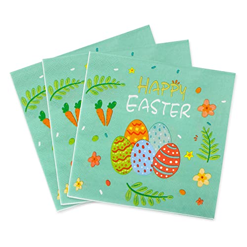 Happy Easter Napkins - Colorful Eggs Flowers Paper Napkins, Disposable Green Dinner Napkins For Easter Event Get-Together, Diy Parties, Unfolded 13X13 Inches, 2-Ply, 40 Count #TOP3