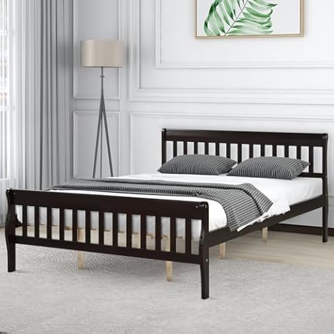 IULULU Queen Bed Frame, Solid Wood Platform Bed Frame with Headboard & Footboard, Queen Size Mattress Foundation with Wooden Slats Support, Easy Assembly, No Box Spring Needed, Espresso Cover