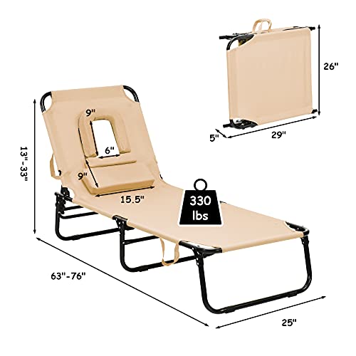 Gotoplay Folding Beach Lounge Chair w/ 5 Adjutable Backrest & Padded Pillow, Sunbathing Lounger Chair, Sun Tanning Lay Flat Chair for Seaside Pool Deck, Max Load 330 LBS, No Assembly Required (Beige)