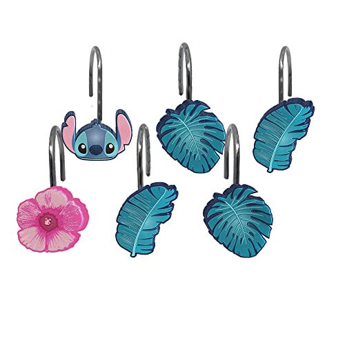 Jay Franco Disney Lilo & Stitch Floral Fun 14 Piece Bathroom Set - Includes Shower Curtain, 12 Hooks, & Non-Slip Bath Rug - Easy Care Fabric (Official Disney Product), Acrylic,Microfiber #TOP2