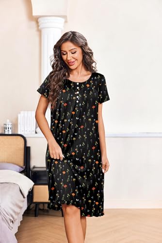 Image of Ekouaer Nightgowns for Women with Pockets Button Front Short Sleeve House Dresses Floral Print Mumu Dress