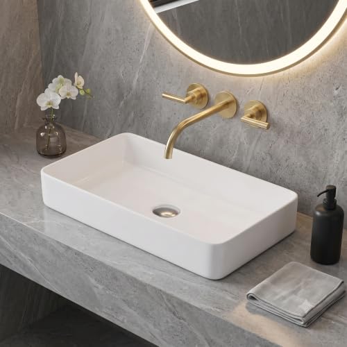 Image of OSOSAM Countertop Ceramic Wash Basin for Bathroom | Glossy White Rectangle Vessel Sink | Modern Table Top Vanity Basin for Home & Hotel | 24 x 14 x 5 Inch
