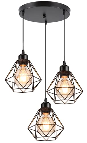 PETITES ECREVISSES Lampara Colgante E27 Vintage Industrial Lámpara de Techo Colgante Negro Retro 3 Luces Iluminación Para Cocina Comedor Sala de estar (16cm- con base redonda)