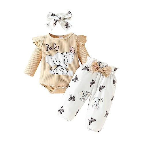Image of Newborn Baby Girls Valentine's Day Outfits Ruffle Long Sleeve Romper Top Flower Pants Headband 3PCS Toddler Clothes