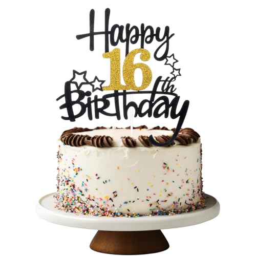 Tyqour Tortendeko 16th Geburtstag Kuchendeko,Happy 16th Birthday Cake Topper Gold Schwarz Kuchen Deko 16 Geburtstag Junge Mädchen Kuchen Topper Tortenaufsätze für 16 Geburstagstorte Deko Gold Schwarz