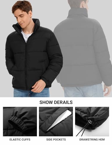 PEHMEA Men’s Puffer Jacket Stand Collar Zipper Coat with Pockets Retro Bubble Outwear for Winter4
