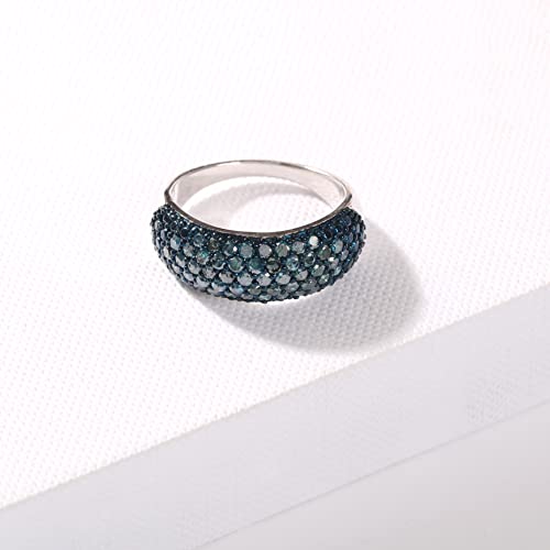Dzon Sterling Silver 1Ct Tdw Blue Diamond Studded Ladies Cocktail Prong Set Right Hand Fashion Anniversary Wedding Multi Row Ring Band For Women Girls(I-J, I2) Ring Size 7 #TOP4