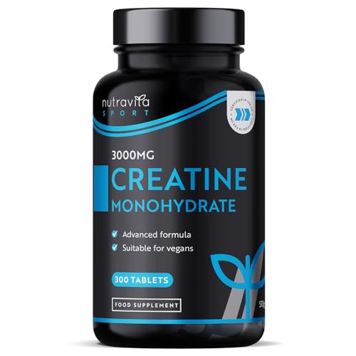 Creatina Monohidratada 3000mg, 300 Comprimidos Veganos para 3+ Meses, Creatine Monohydrate para Hombre y Mujer - Creatina Monohidrato Suplementos Gym - Creatina Pastillas de Nutravita