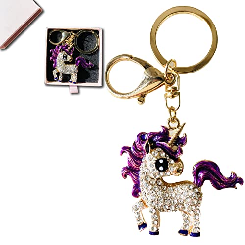 Lawen Creative / Strass Tropfen Öl Legierung Einhorn Schlüsselanhänger mit Geschenkbox, Damen Tasche Charme, Mädchen Schultasche Charme, kleines Geschenk für Damen, Mädchen (Lila) Cover