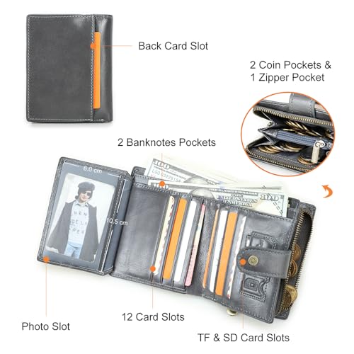 Contacts Bifold Wallet Small Leather Zipper Coin Purse for Women and Men 12 Slot Card Holder with RFID Blocking (Grey)4