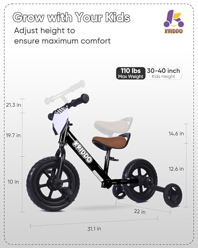 Image of KRIDDO 2-in-1 Kids Tricycle and Toddler Balance Bike 2 Year Old, Detachable Pedals and Stowable Training Wheels, DIY Plate, Riding Trikes Toy for Ages 18 Months to 3 Years