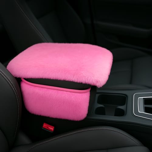 Fluffy Car Armrest Cover with Side Pockets – Plush Fuzzy Fur Center Console Armrest Cushion Pad, Universal Winter Car Interior Protector, Soft Arm Rest Cover with Storage for Women & Men (PINK)