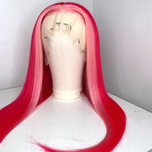 Qd-Tizer Raspberry Red Hair Color Lace Front Wig Long Straight Hair Light Pink Highlights Wig Heat Resistant Fiber Hair Synthetic Lace Front Wigs For Fashion Women #TOP1
