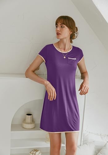 Image of Ekouaer Womens Nightgown Sleep Shirt Dress Satin Patchwork Short Sleeve Sleepwear with Pocket