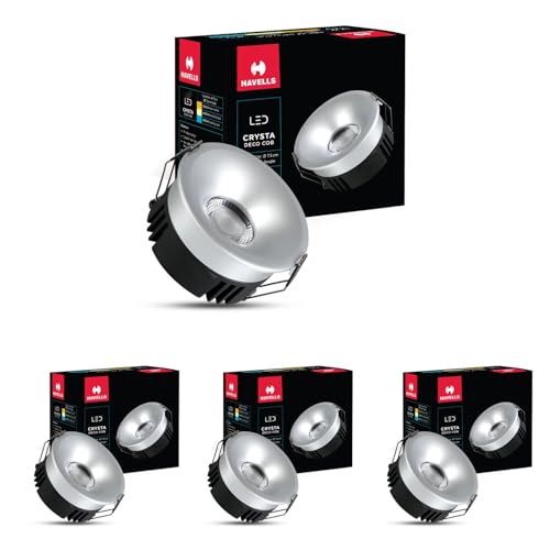 Image of Havells Crysta Deco Cob 12W 6K Silver,Led-Spotlights,Energy Efficient,Long Life of 25000 Burning Hours,Beam Angle of 36,Metal Body Cob with Independent Driver,Cool Daylight (6500K) Pack of 4